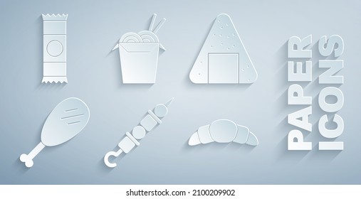 Set Grilled shish kebab, Onigiri, Chicken leg, Croissant, Asian noodles and chopsticks and Chocolate bar icon. Vector