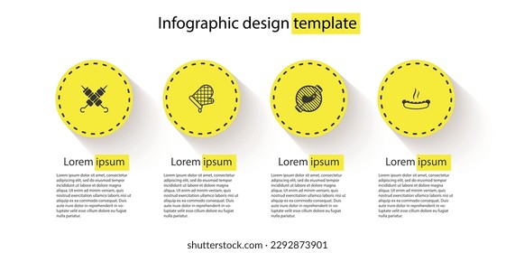 Set Grilled shish kebab, Oven glove, Barbecue grill with steak and Hotdog sandwich. Business infographic template. Vector