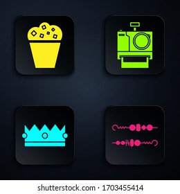 Set Grilled shish kebab, Popcorn in cardboard box , Crown  and Photo camera . Black square button. Vector