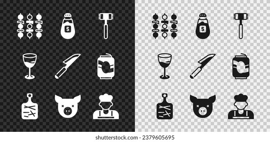 Set Grilled shish kebab, Salt, Kitchen hammer, Cutting board, Pig, Cook, Wine glass and Knife icon. Vector
