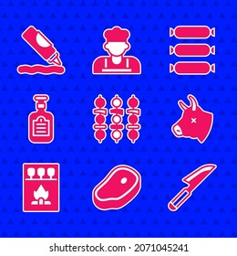 Set Grilled shish kebab, Steak meat, Knife, Cow head, Matchbox and matches, Sauce bottle, Sausage and Ketchup icon. Vector