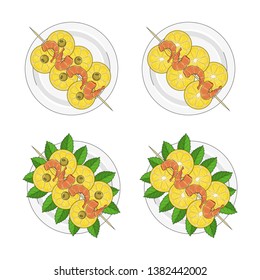 set of grilled shrimps on skewer with lemon. color and monochrome version. hand drawn. Isolated on white. vector illustration. for advertising and menus of cafes and restaurants.