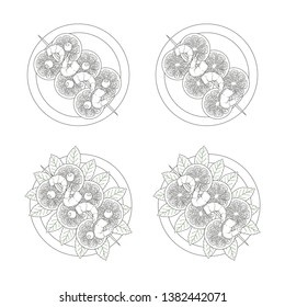 set of grilled shrimps on skewer with lemon. color and monochrome version. hand drawn. Isolated on white. vector illustration. for advertising and menus of cafes and restaurants. black and white