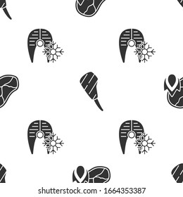 Set Grilled steak meat and fire flame, Rib eye steak and Fresh frozen fish steak on seamless pattern. Vector