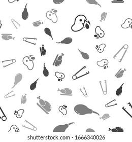 Set Grilled steak meat and fire flame, Chicken leg, Meat tongs and Roasted turkey or chicken on seamless pattern. Vector