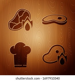 Set Grilled steak meat and fire flame, Grilled steak meat and fire flame, Chef hat and Steak meat on wooden background. Vector