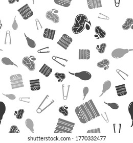Set Grilled steak meat and fire flame, Burger, Chicken leg and Meat tongs on seamless pattern. Vector