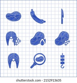 Set Grilled steak meat and fire flame, Steak in frying pan, shish kebab on skewer stick, Fresh frozen, Fish, fish, Knife and  icon. Vector