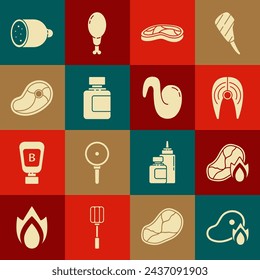 Set Grilled steak meat and fire flame, Fish, Steak, Sauce bottle, Salami sausage and Fried chicken wing icon. Vector