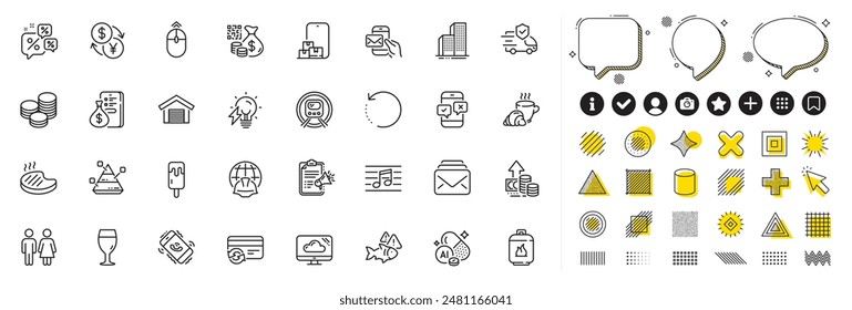 Set of Grilled steak, Metro subway and Fish line icons for web app. Design elements, Social media icons. Inflation, Skyscraper buildings, Megaphone checklist icons. Vector