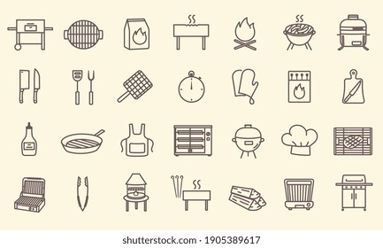 Set Of Grilling Line Icons. BBQ Barbecue Grill. Collection Of Minimal Style Isolated Outline Icons, Signs And Symbols. Editable Strokes