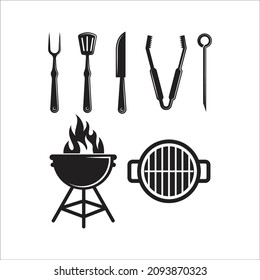 conjunto de parrilladas y parrilladas de humo, herramientas de carnicería, fuego, elementos de diseño de cuchillos para logotipo, etiqueta, icono, emblemas, plantilla de vectores de placa