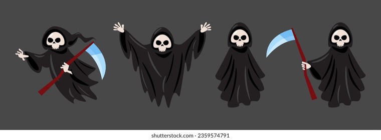 Set of Grim Reaper . Halloween cartoon characters . Gray isolate background . Vector .