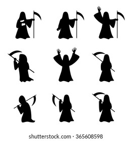 Set of Grim Reaper in silhouette style, vector 