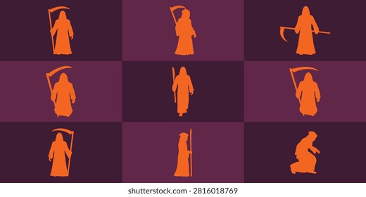 Set of grim reaper silhouettes for halloween graphic design with spooky icon