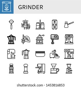 Set of grinder icons such as Coffee bag, Portafilter, Coffee, Salt and pepper, Coffee machine, Cezve, maker, grinder, Electric mixer, Moka pot, Minced meat , grinder