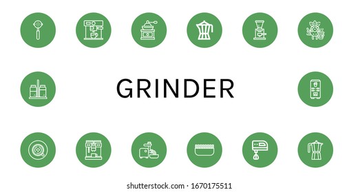 Set of grinder icons. Such as Portafilter, Coffee maker, Coffee grinder, Coffee, Mincer, Minced meat, Electric mixer, Moka pot, Salt and pepper, machine , grinder icons