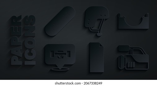 Set Grip tape on a skateboard, Skate park, Skateboard wheel, Cinema camera, helmet and  icon. Vector
