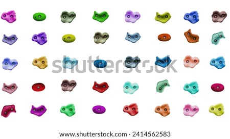 Set of grips different colors and shapes for climbing wall isolated on white background. Holds for climbing. 