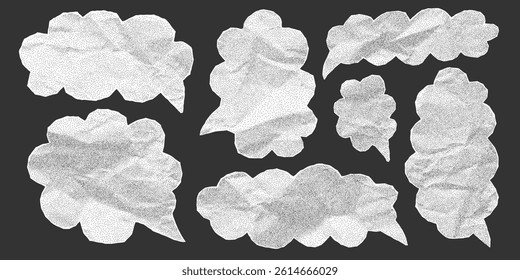 Set of gritty paper dialogue bubbles with halftone dots. Crumpled texture, jagged torn edges from notebook sheets, isolated for banner templates, irregular text box.