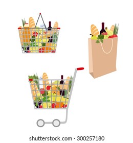 Set of grocery bag, grocery basket, grocery trolley with different products. All elements are isolated on white background. Grocery basket vector illustration. Vector trolley with food vector.  