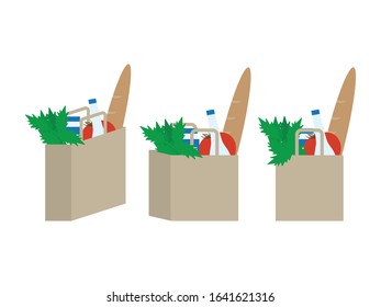 Set of Grocery Bags with Bread, Tomatoes, Greens and Bottle on White Background