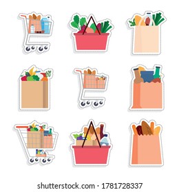 Set of grocery bags stickers - Vector illustration