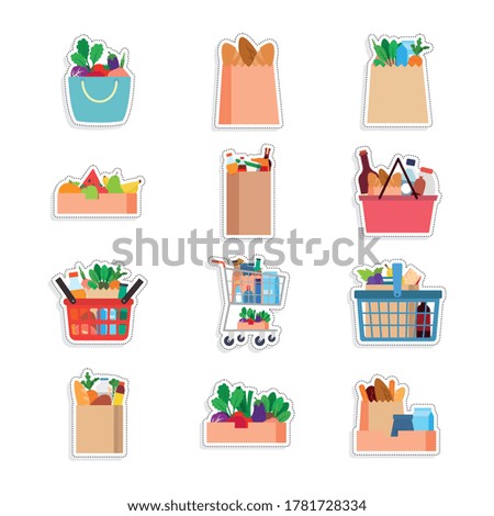 Set of grocery bags stickers - Vector illustration