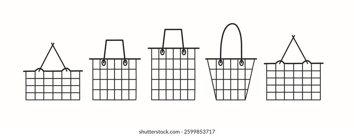 Set of grocery baskets. Empty shopping baskets in various shapes. Minimalistic vector illustration for retail, supermarkets, and e-commerce concepts