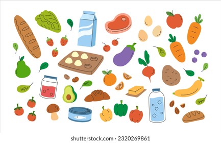 Set of grocery. Bundle of fresh foods and beverage, vegetables, fruits, meat, eggs, beans, bread, canned food, water and milk. Nutrition products. Flat vector illustration isolated on white background