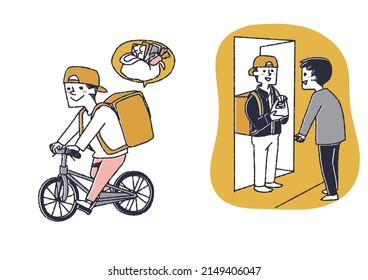 Set of grocery delivery service Comical handwritten person vector, line drawing and color