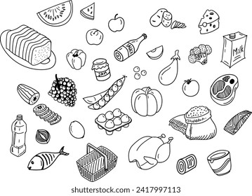 Set of grocery doodle icons, hand drawn line art illustrations of grocery ite