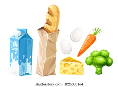 Set of grocery food products for healthy eating. Organic foods: milk, bread baguette, eggs, cheese and vegetables, carrot, broccoli cabbage. Halthy lifestyle ration. Eps10 vector illustration.