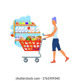 Set of grocery food shopping carts with different goods. A girl shopping in a supermarket. Food cart. Bread, eggplant, meat, broccoli, apples, cheese, milk, eggplant, yogurt and juice in a paper bag.