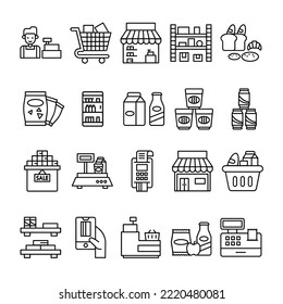 Set Of Grocery Icon With Outline Style. Contains such Icons as Bakery, Basket, Cart, Shop, Etc. 