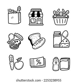 Set of grocery icons with doodle style isolated on white background