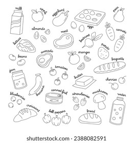 Set of grocery items, fruits, vegetables, food and snack. Vocabulary of ingredients and products. Coloring page. Outline flat cartoon doodle vector illustration