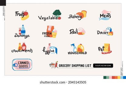 Set Of Grocery List Icons, Grocery Shopping Concept. Vector Illustration In Cartoon Style.