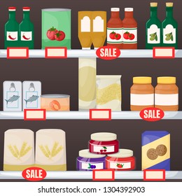 Set of grocery. Product on supermarket shelves. Jam, oil, pasta, flour cookie and canned Cartoon vector illustration