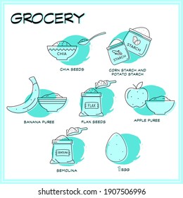 Set Of Grocery Products. Healthy Products. Chia Seeds, Flaxseed, Starch, Egg, Semolina, Apple, Banana