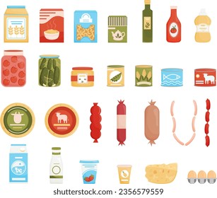 Set of grocery products on a white background. Grocery. Gastronomy. Supermarket products. Canned food, dairy, cereal, flour, sausage. Vector flat illustration.