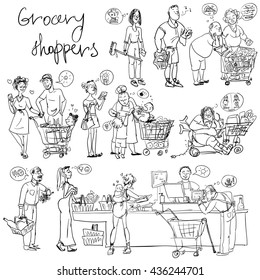 Set of grocery shoppers, hand sketching