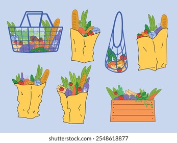 Set of grocery shopping items. Paper bags, mesh bags, and baskets with vegetables, fruits, bread, dairy. Concept of eco-friendly shopping. Flat design. Vector illustration.