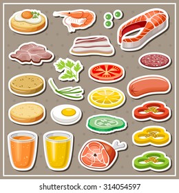 Set of grocery stickers. Vegetables, snack, drinks. Vector illustration