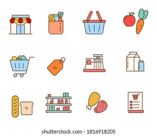 Conjunto de ilustraciones vectoriales relacionadas con el supermercado de comestibles con diseño bonito. Colorido estilo lineal del conjunto de iconos del almacén de comestibles