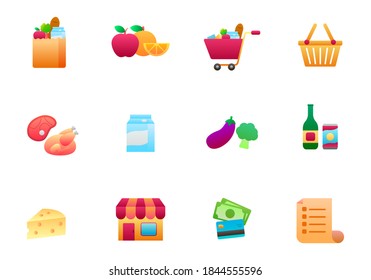 Set von Lebensmittelgeschäften mit Vektorgrafik einzeln auf weißem Hintergrund. Farbverlauf-Symbol-Kollektion für Lebensmittelgeschäfte 