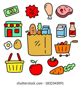 El conjunto de ilustraciones vectoriales de la tienda de comestibles contiene alimentos, tienda, carrito y más aislados en fondo blanco. Colorida colección de doodle en el supermercado 