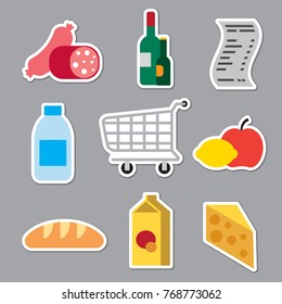 set of grocery supermarket stickers for foods and meal