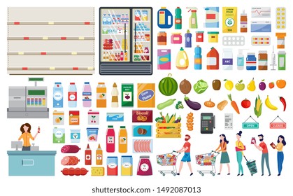 Set for a grocery supermarket and a store with products and a cash register, people and shelves. Vegetables and fruits, meat and dairy products, carts and bottles. Isolated flat vector illustration.