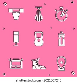 Set Groin guard, Punching bag, Stopwatch, Kettlebell, Fitness shaker,  and Sport boxing shoes icon. Vector